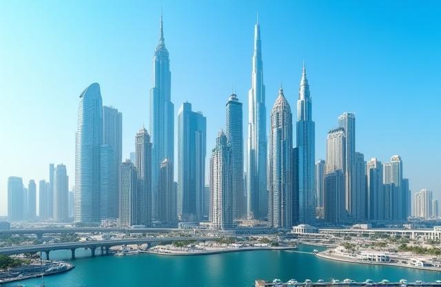Modern Dubai skyline featuring Sheikh Zayed Road area with tall buildings