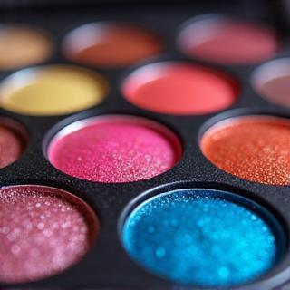 Close-up view of a colorful makeup eyeshadow palette with vibrant, shimmery shades