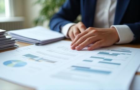 Person reviewing cosmetic regulatory documents and reports at a desk with charts and papers