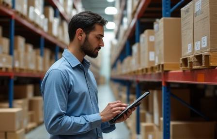 Logistics professional overseeing the management of cosmetic product shipments in a warehouse