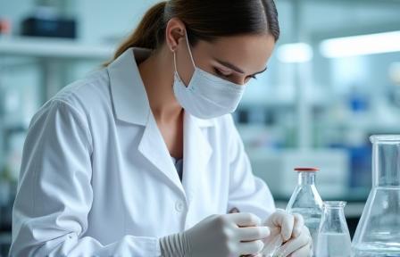 Cosmetic chemist meticulously working on a new formula in a pristine laboratory setting