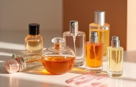 Elegant selection of fragrance vials, perfume bottles, and testing strips arranged on a table
