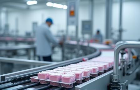 Automated cosmetic production line with machinery in a clean, sterile facility environment