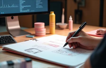 Packaging designer sketching creative ideas for cosmetic product containers and boxes on a desk